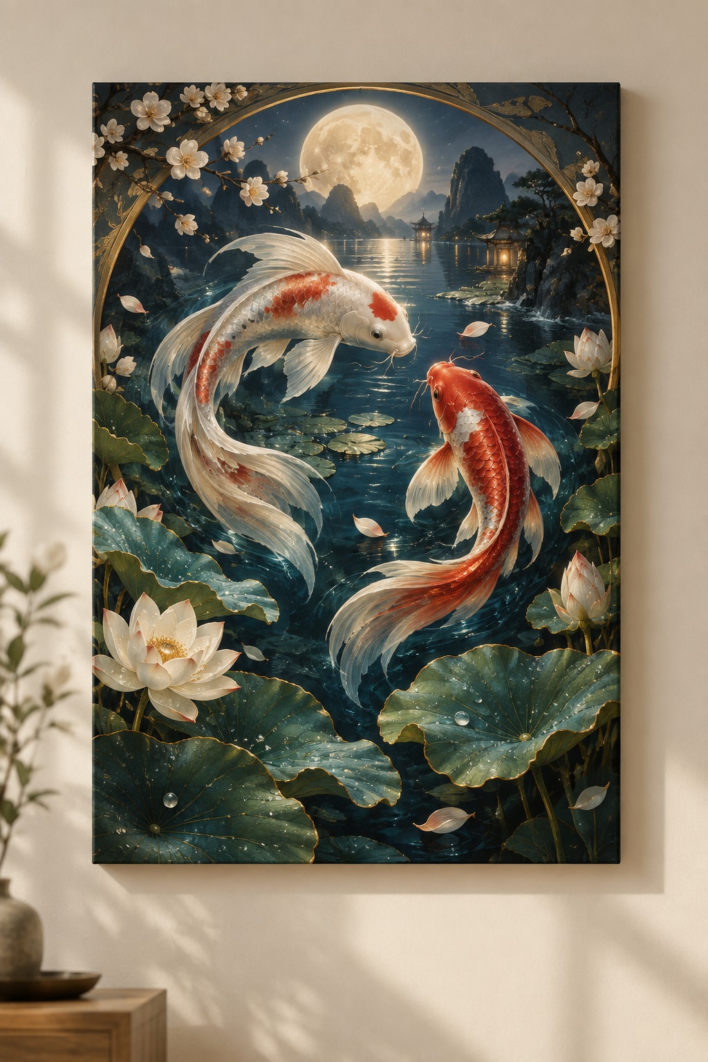 Celestial Koi Stretched Canvas Wall Art with dimensional printed themed artwork; representative AI-generated mockup.