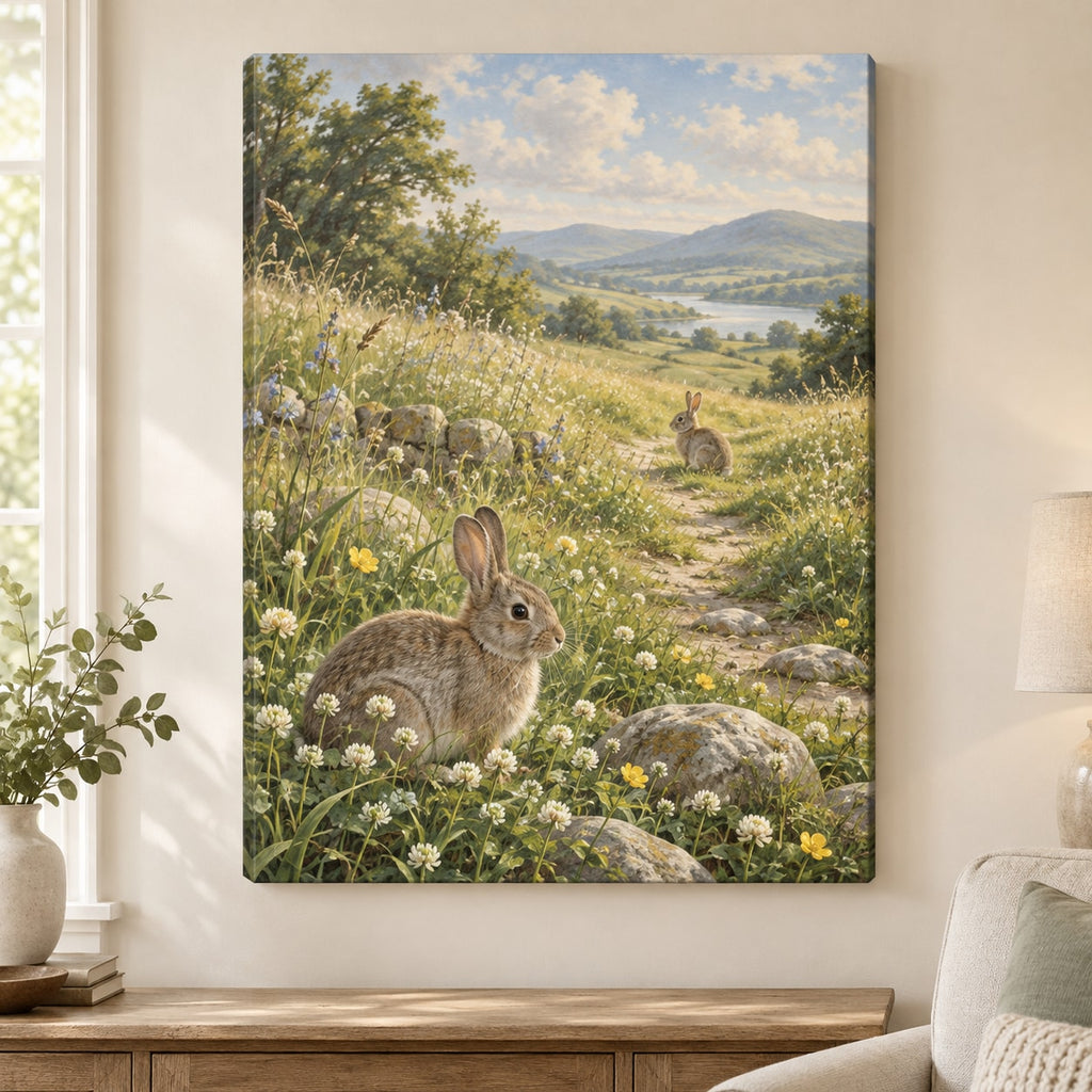 Rabbit Meadow Stretched Canvas Wall Art with dimensional printed themed artwork; representative AI-generated mockup.