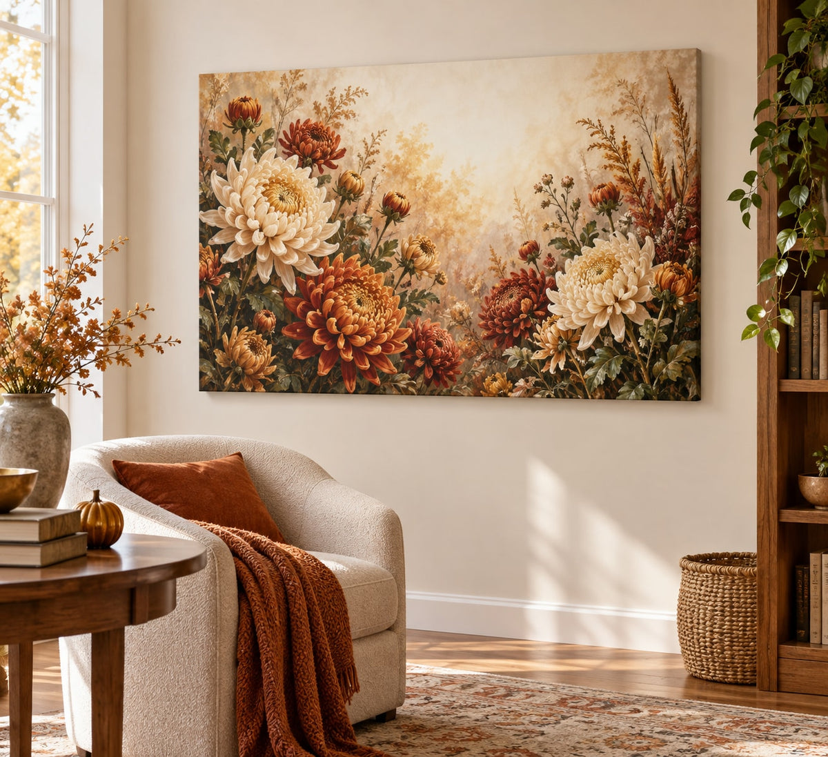 Chrysanthemum Autumn Garden Stretched Canvas Wall Art with dimensional printed themed artwork; representative AI-generated mockup.