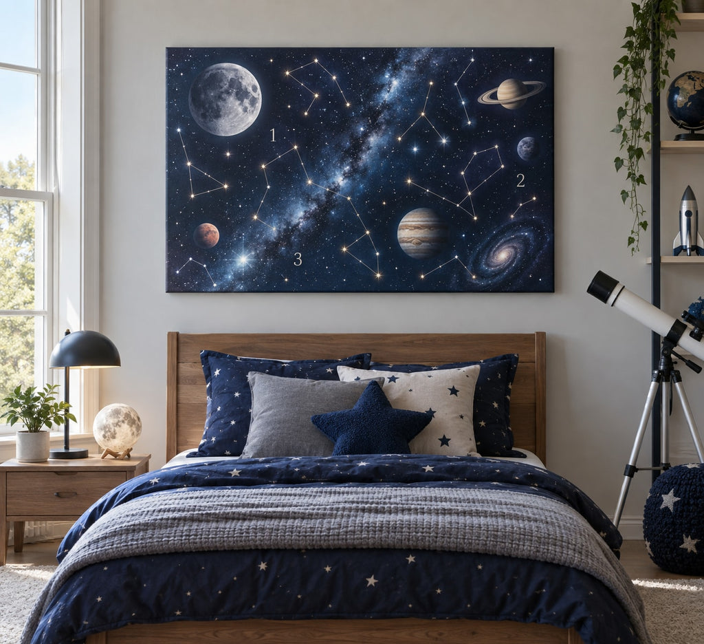 Number Constellation Stretched Canvas Wall Art with dimensional printed themed artwork; representative AI-generated mockup.
