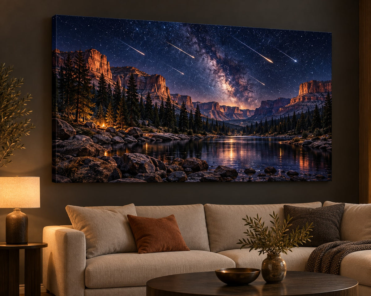 Meteor Shower Stretched Canvas Wall Art with dimensional printed themed artwork; representative AI-generated mockup.