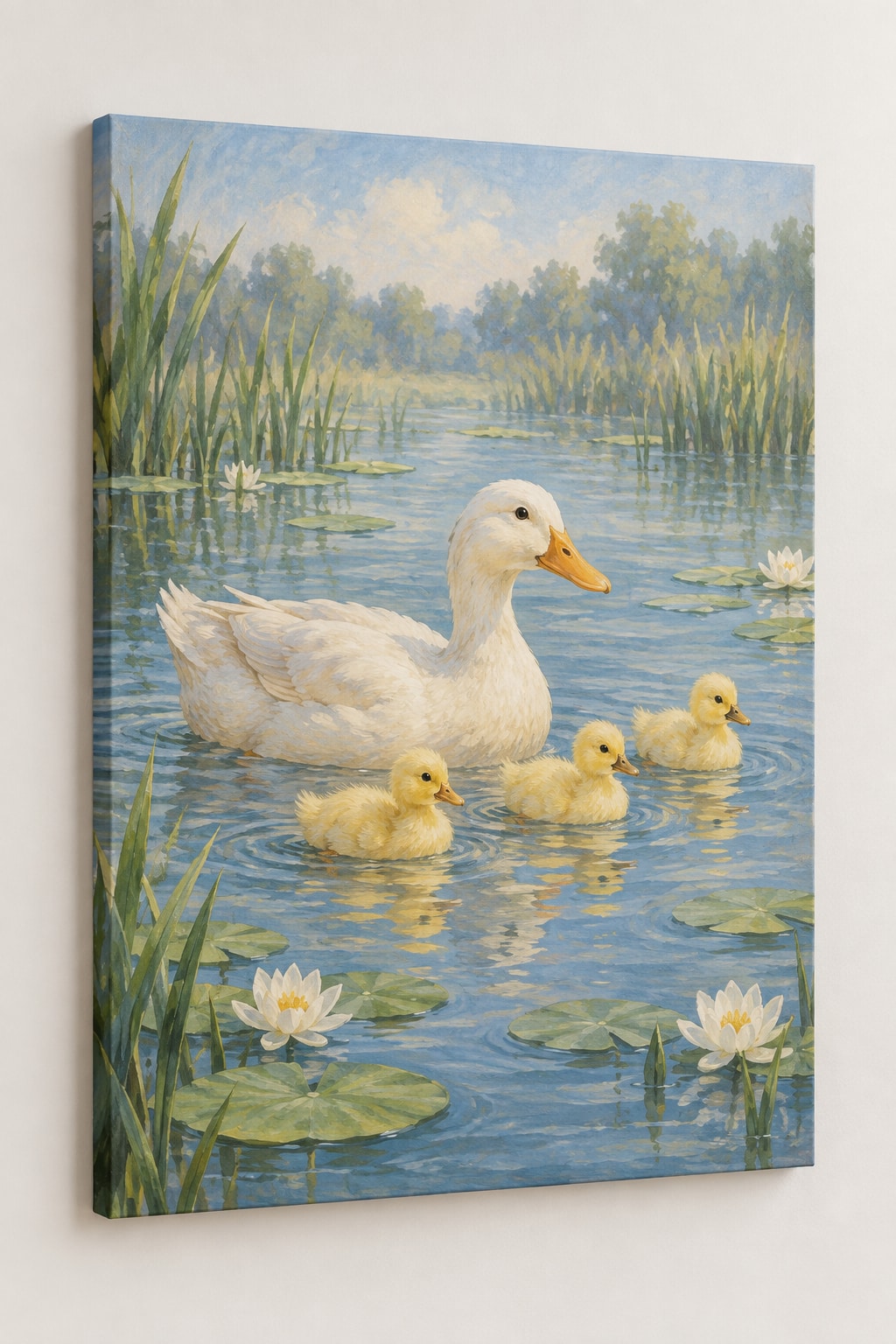 Duck Pond Friends Stretched Canvas Wall Art with dimensional printed themed artwork; representative AI-generated mockup.