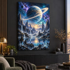 Ringed Planet Stretched Canvas Wall Art with dimensional printed themed artwork; representative AI-generated mockup.