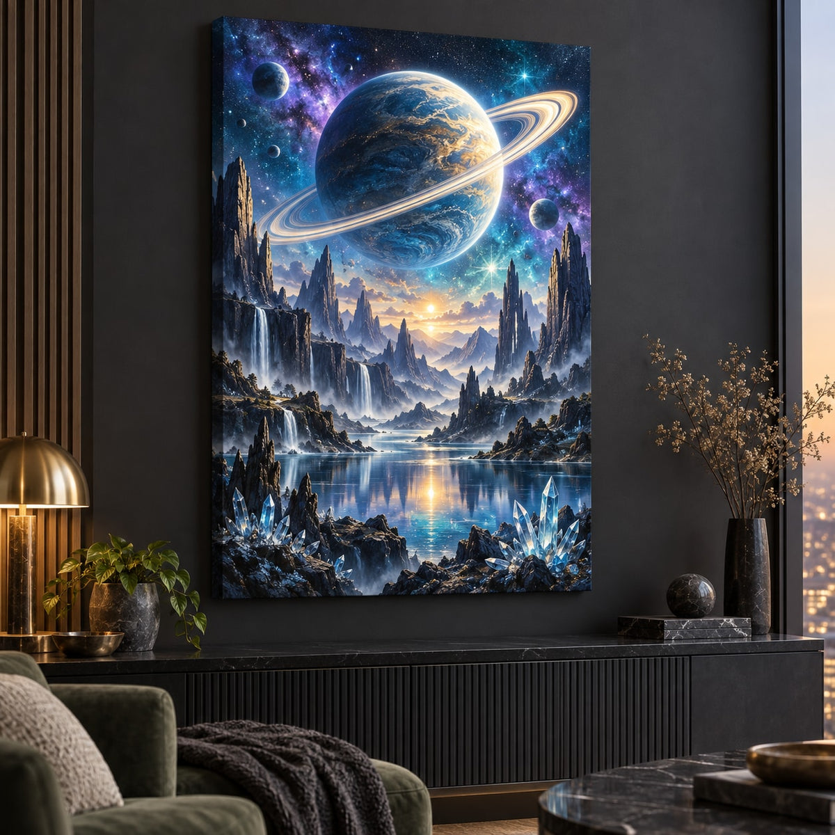 Ringed Planet Stretched Canvas Wall Art with dimensional printed themed artwork; representative AI-generated mockup.