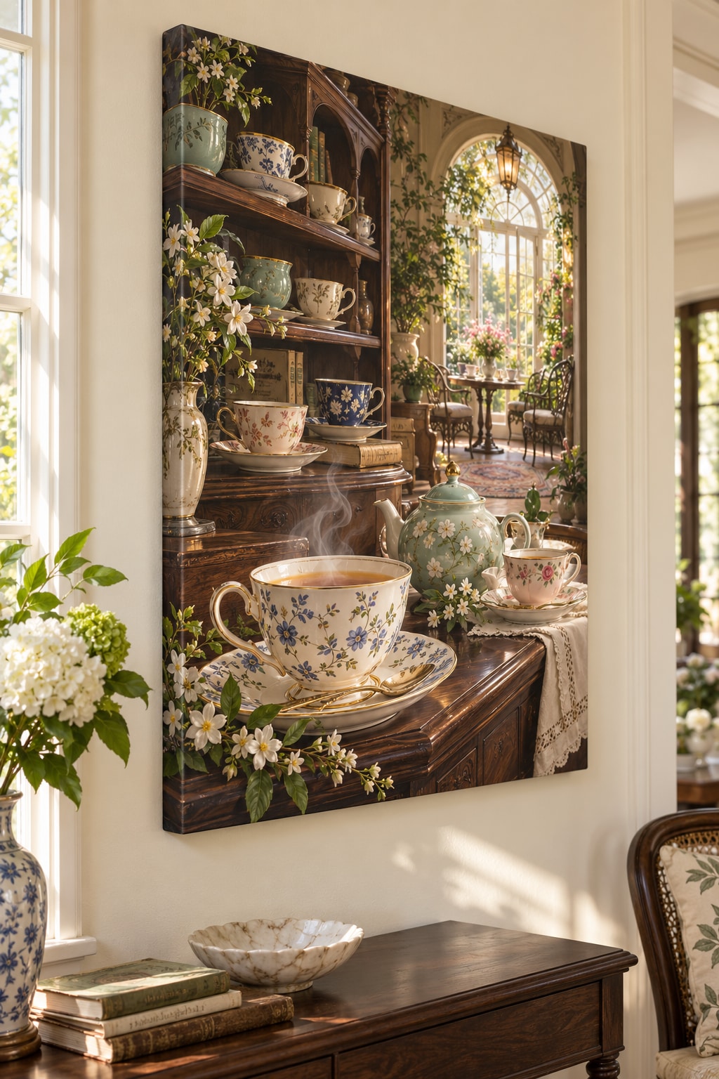 Tea Cup Collection Stretched Canvas Wall Art with dimensional printed themed artwork; representative AI-generated mockup.