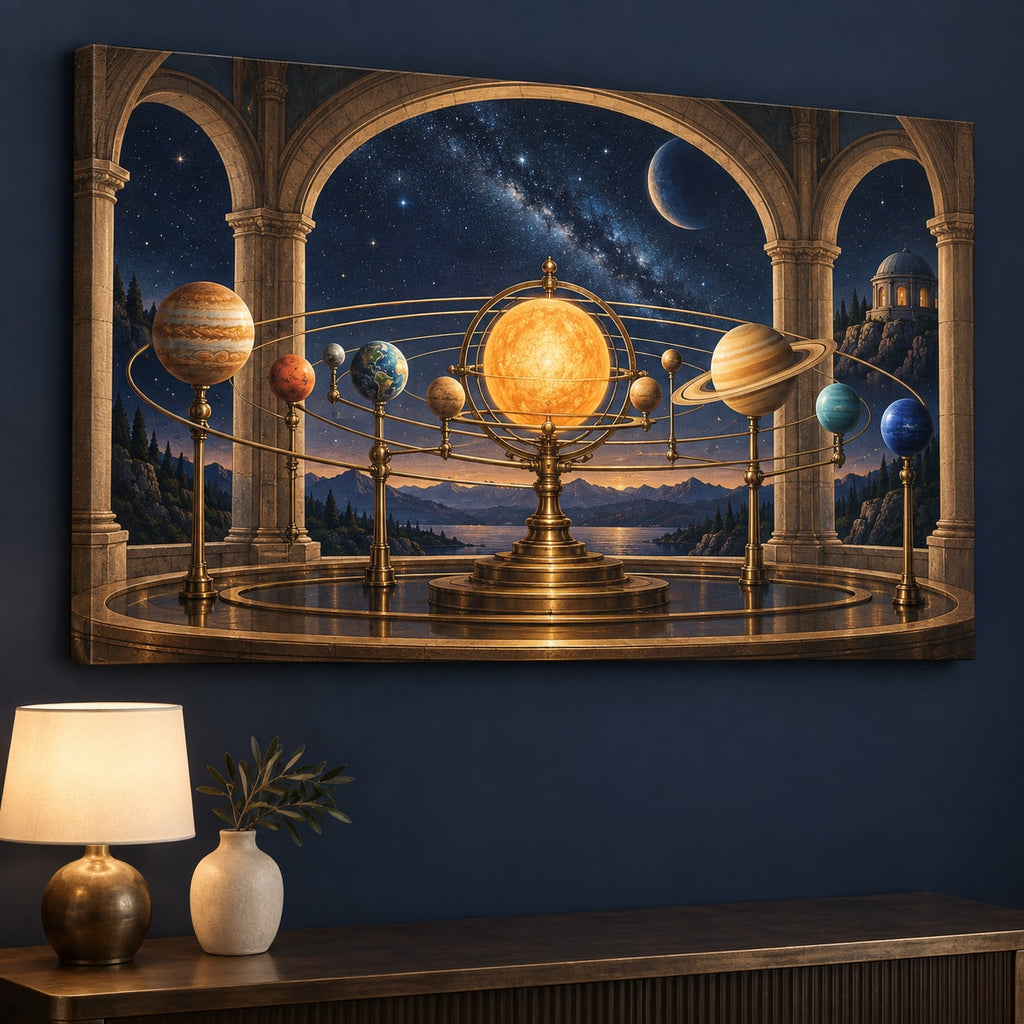 Vintage Solar System Stretched Canvas Wall Art with dimensional printed themed artwork; representative AI-generated mockup.