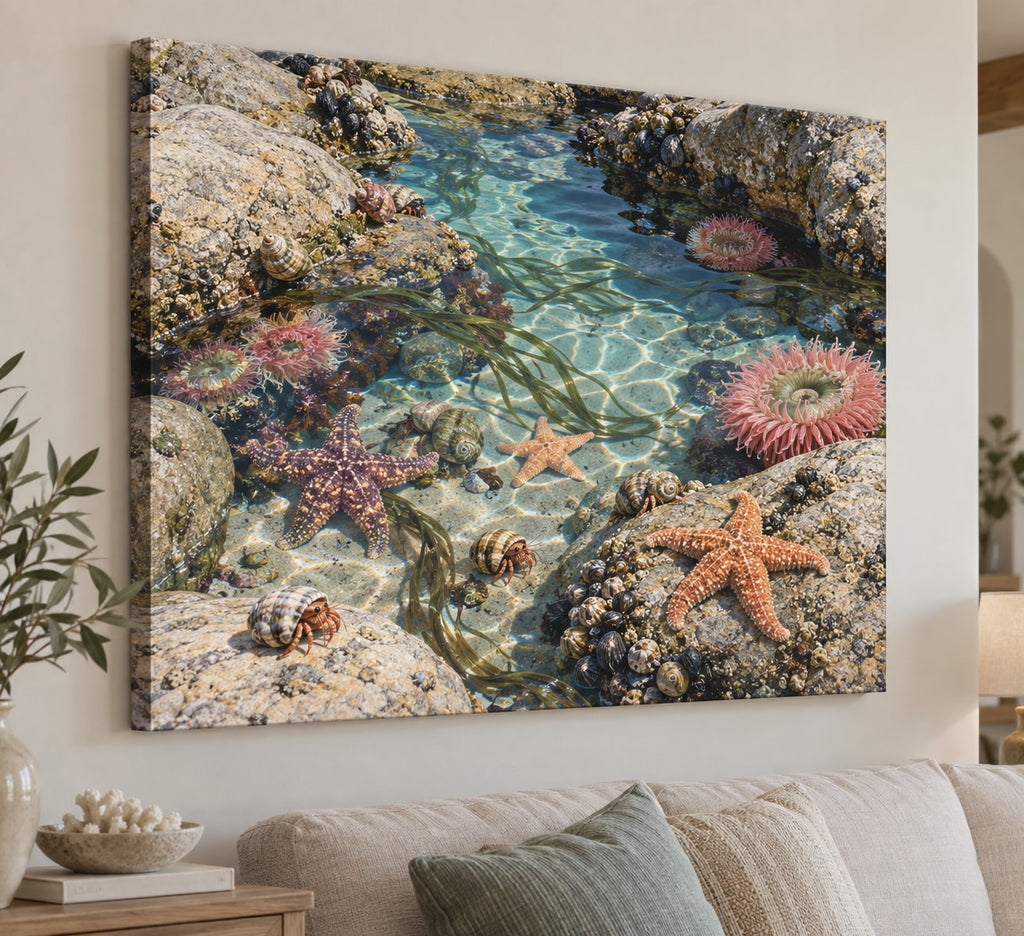 Tide Pool Creatures Stretched Canvas Wall Art with dimensional printed themed artwork; representative AI-generated mockup.