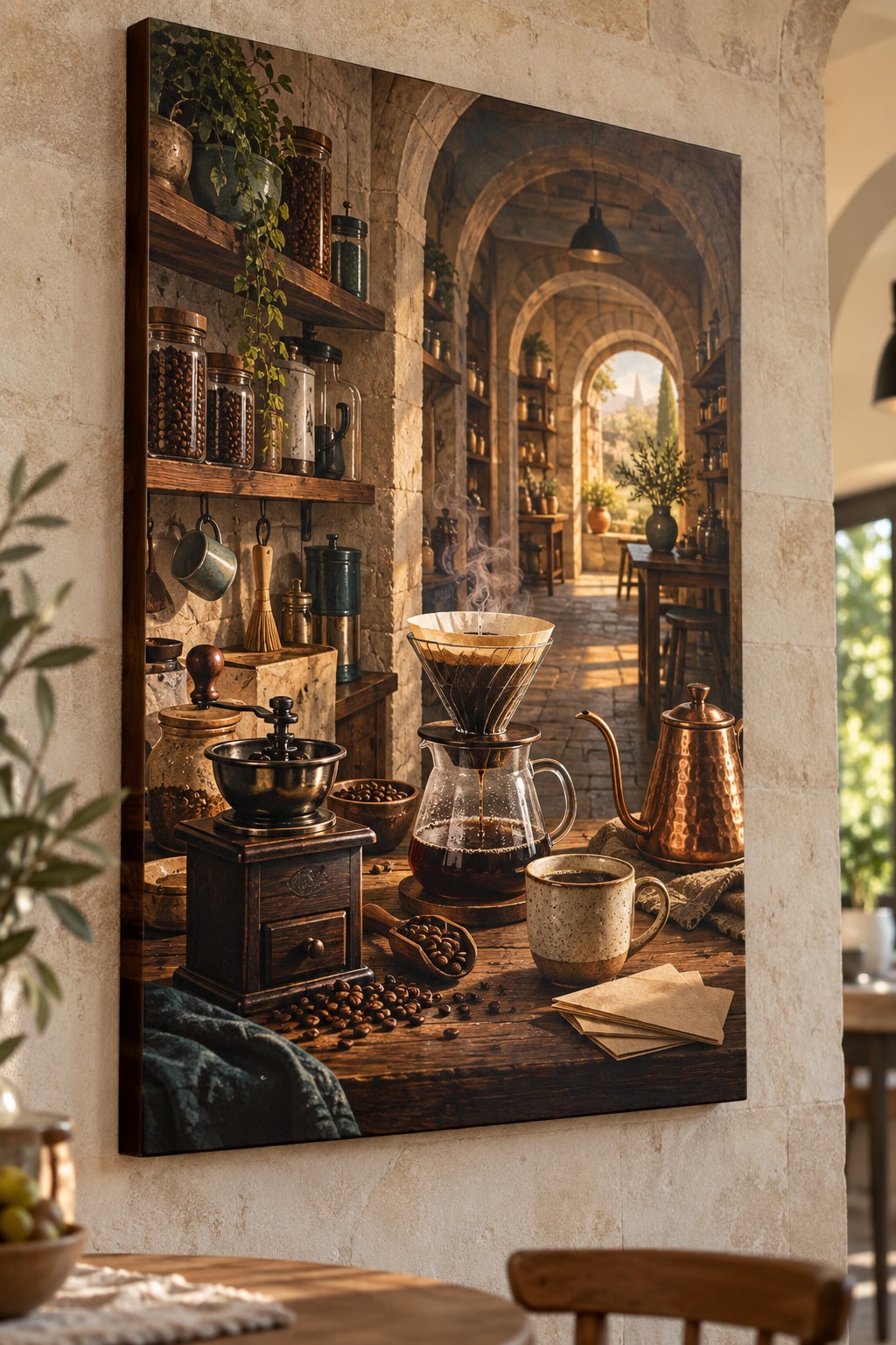 Coffee Brewing Tools Stretched Canvas Wall Art with dimensional printed themed artwork; representative AI-generated mockup.