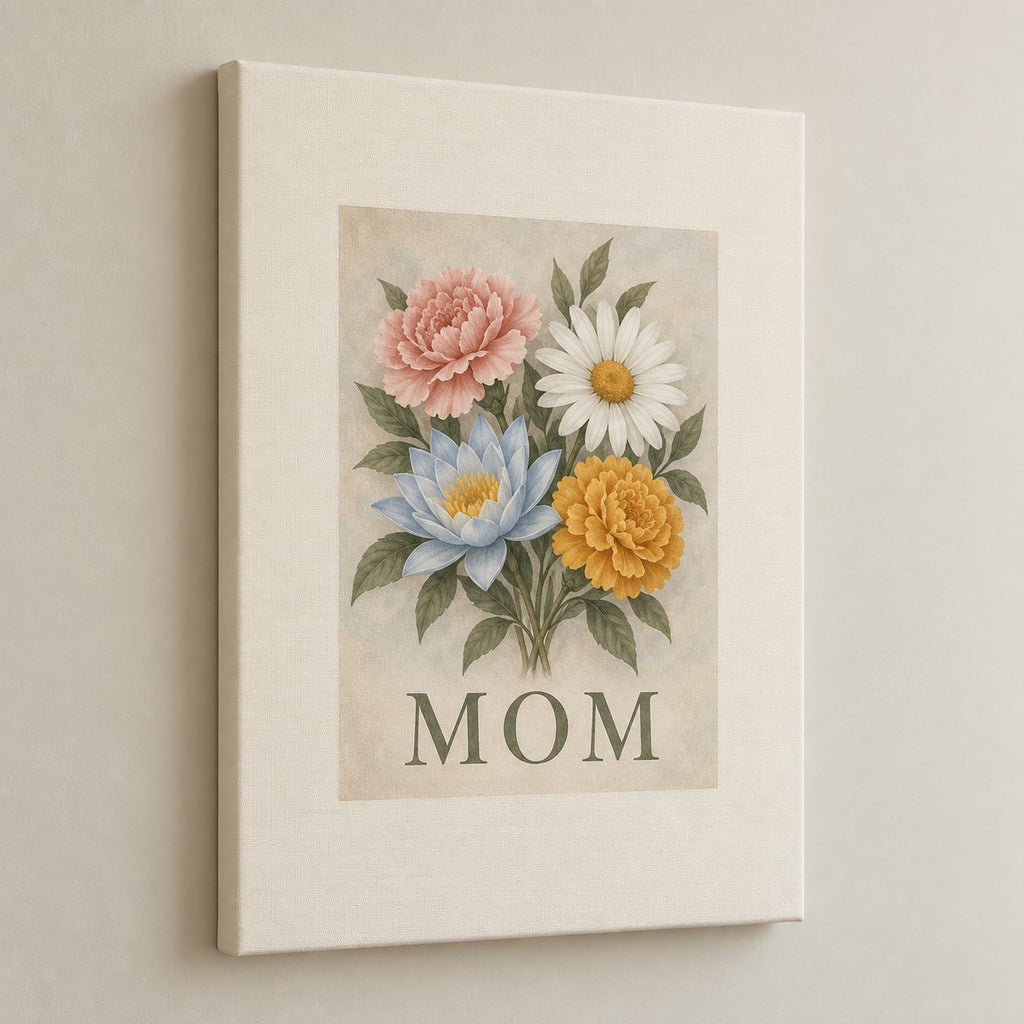 Mother Family Birth Flowers Stretched Canvas Wall Art with dimensional printed themed artwork; representative AI-generated mockup.