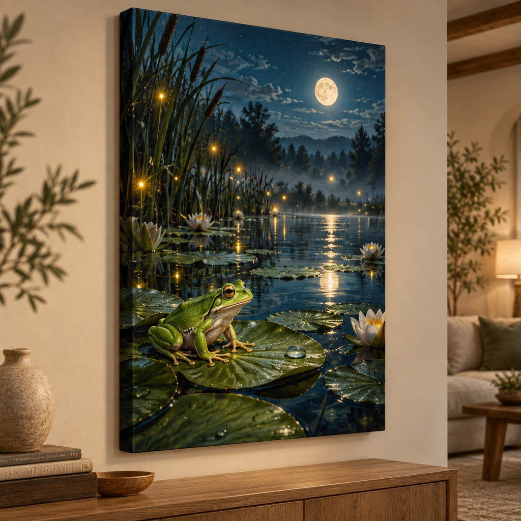 Enchanted Frog Pond Stretched Canvas Wall Art with dimensional printed themed artwork; representative AI-generated mockup.