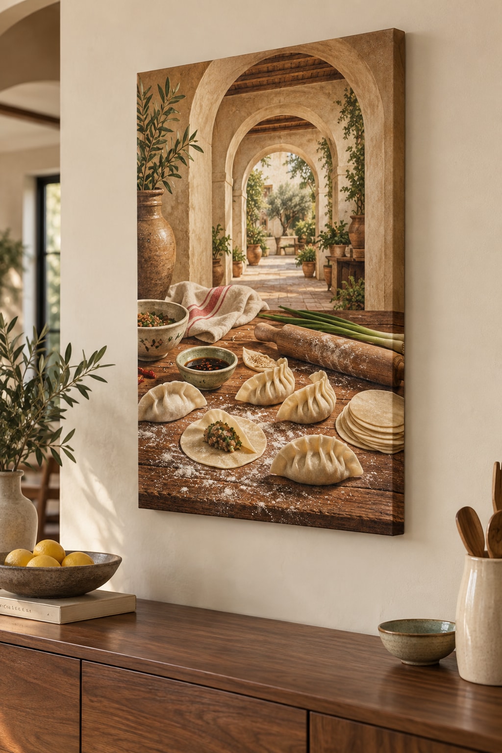 Dumpling Making Stretched Canvas Wall Art with dimensional printed themed artwork; representative AI-generated mockup.