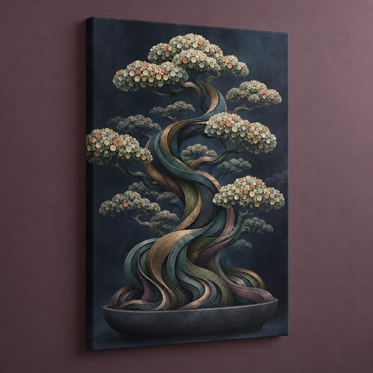 Midnight Bonsai Cloudrise Stretched Canvas Wall Art with dimensional printed themed artwork; representative AI-generated mockup.