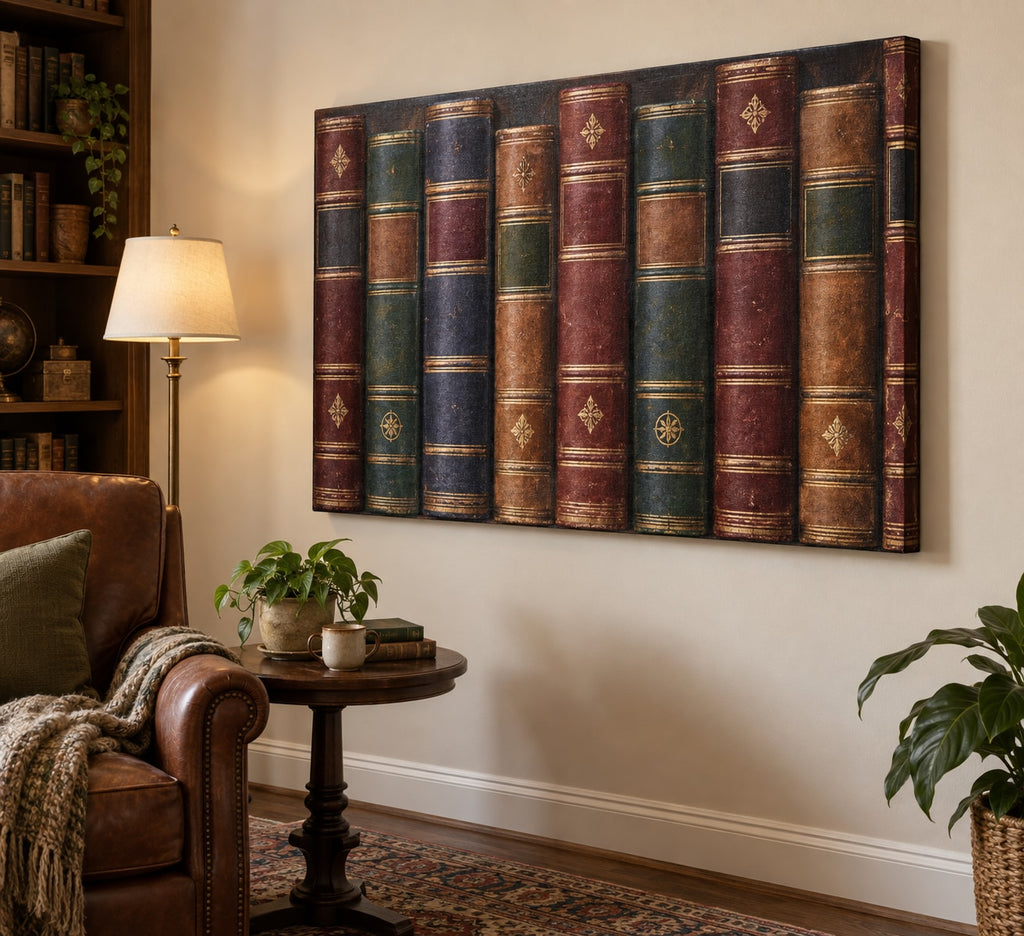 Anonymous Book Spines Stretched Canvas Wall Art with dimensional printed themed artwork; representative AI-generated mockup.