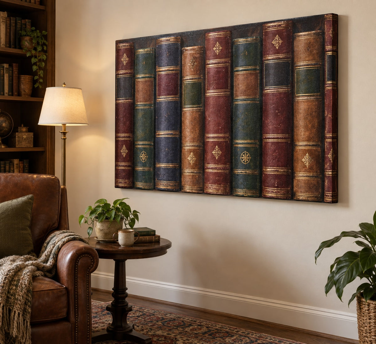 Anonymous Book Spines Stretched Canvas Wall Art with dimensional printed themed artwork; representative AI-generated mockup.