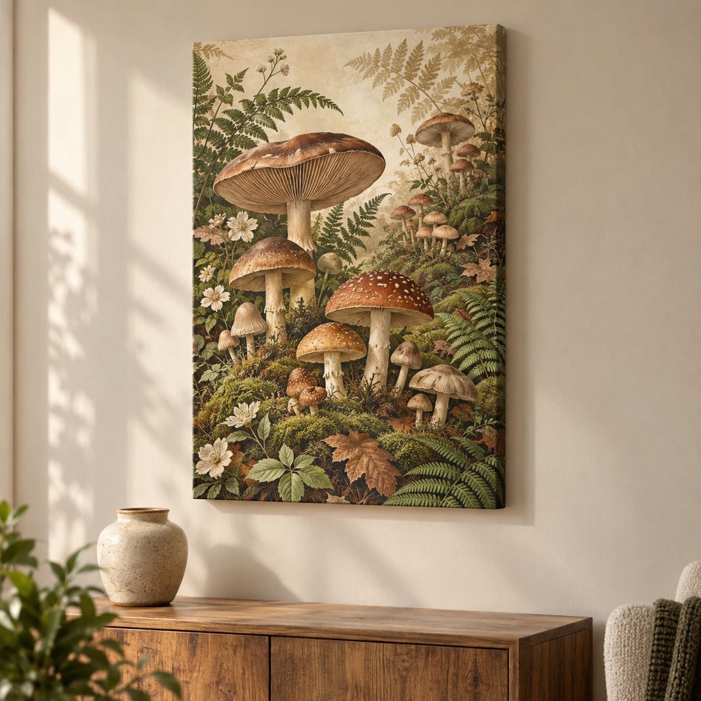 Mushroom Field Journal Stretched Canvas Wall Art with dimensional printed themed artwork; representative AI-generated mockup.