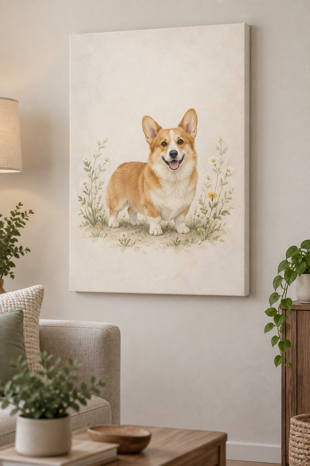 Corgi Stretched Canvas Wall Art with dimensional printed themed artwork; representative AI-generated mockup.
