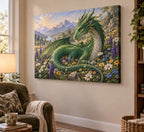 Dragon and Wildflowers Stretched Canvas Wall Art with dimensional printed themed artwork; representative AI-generated mockup.