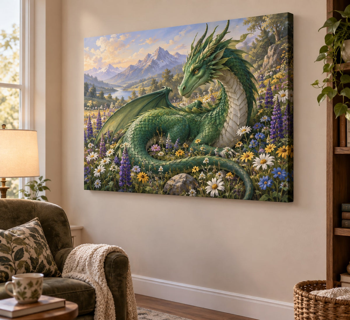 Dragon and Wildflowers Stretched Canvas Wall Art with dimensional printed themed artwork; representative AI-generated mockup.