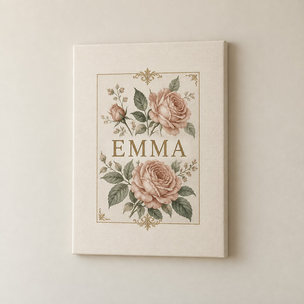 Single Name Birth Flower Stretched Canvas Wall Art with dimensional printed themed artwork; representative AI-generated mockup.