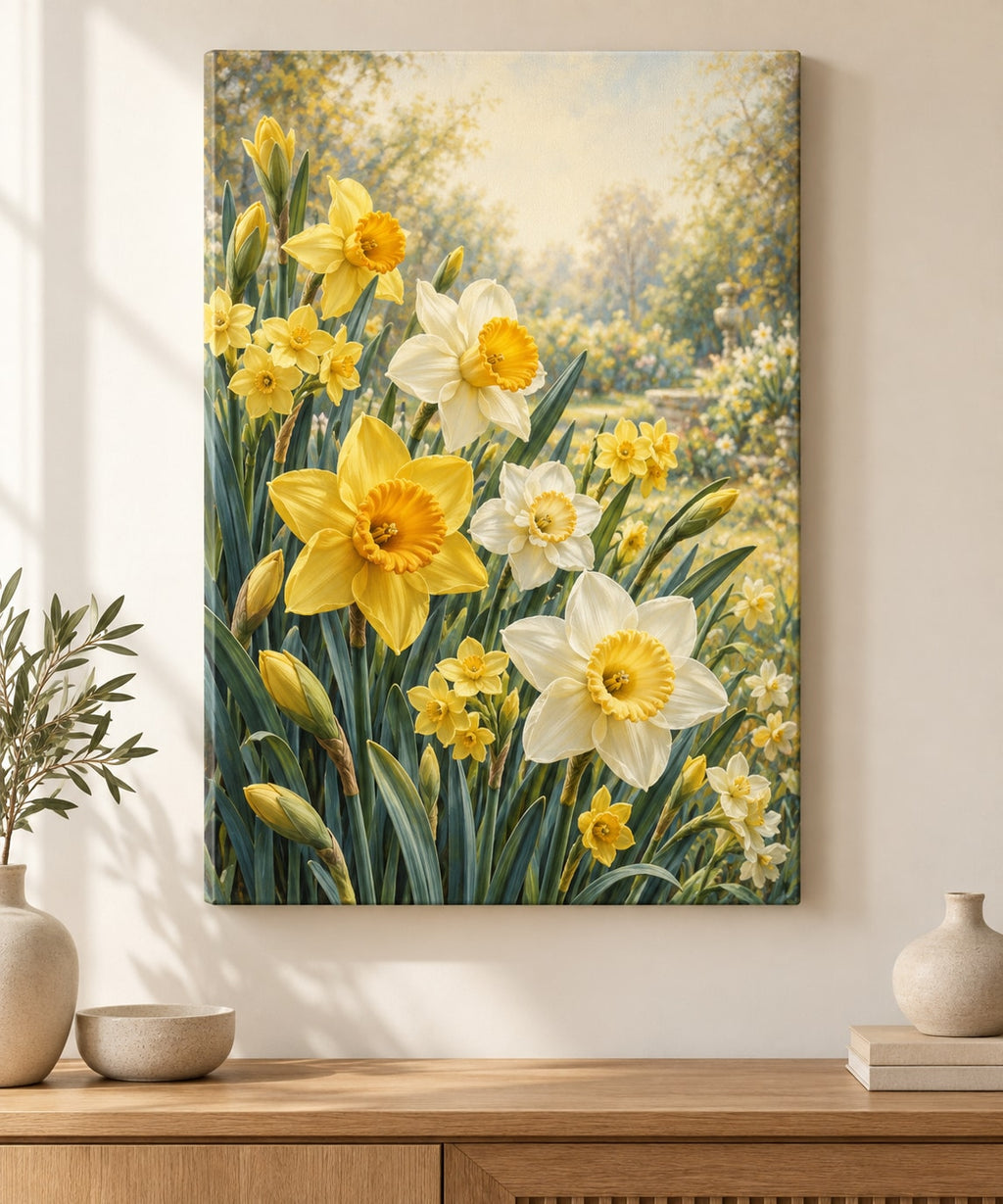 Daffodil and Jonquil Stretched Canvas Wall Art with dimensional printed themed artwork; representative AI-generated mockup.