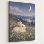 Bunny Moon Meadow Stretched Canvas Wall Art with dimensional printed themed artwork; representative AI-generated mockup.