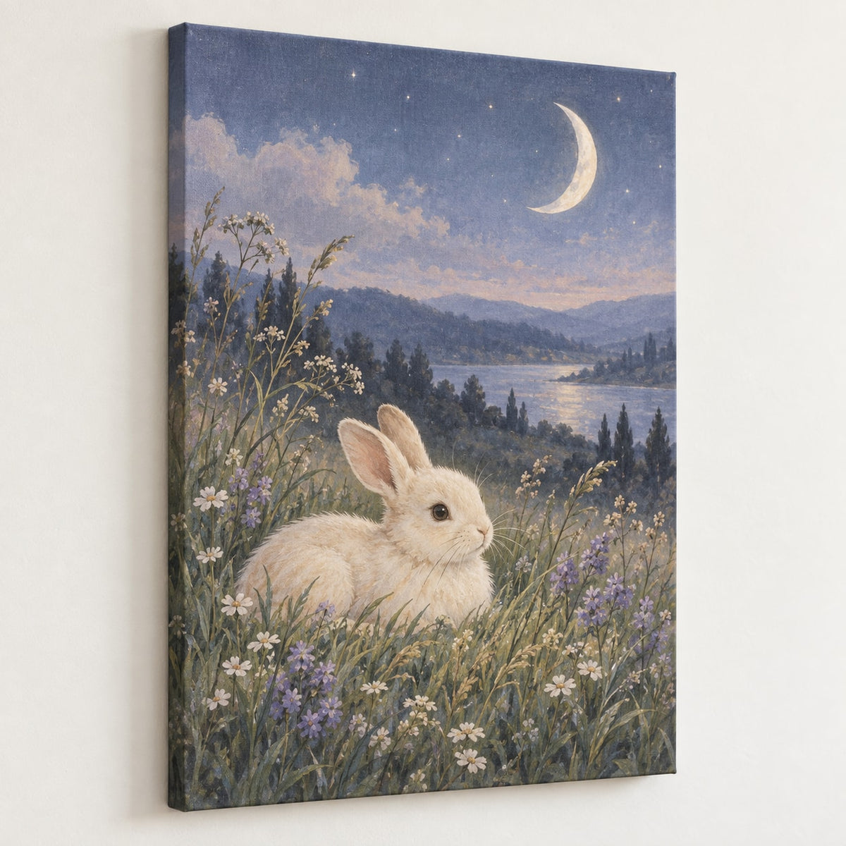 Bunny Moon Meadow Stretched Canvas Wall Art with dimensional printed themed artwork; representative AI-generated mockup.