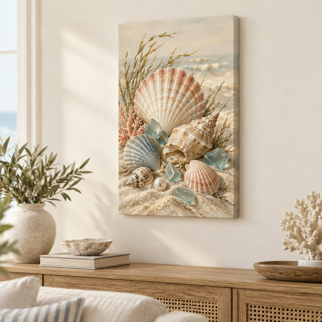 Seashell Study Stretched Canvas Wall Art with dimensional printed themed artwork; representative AI-generated mockup.