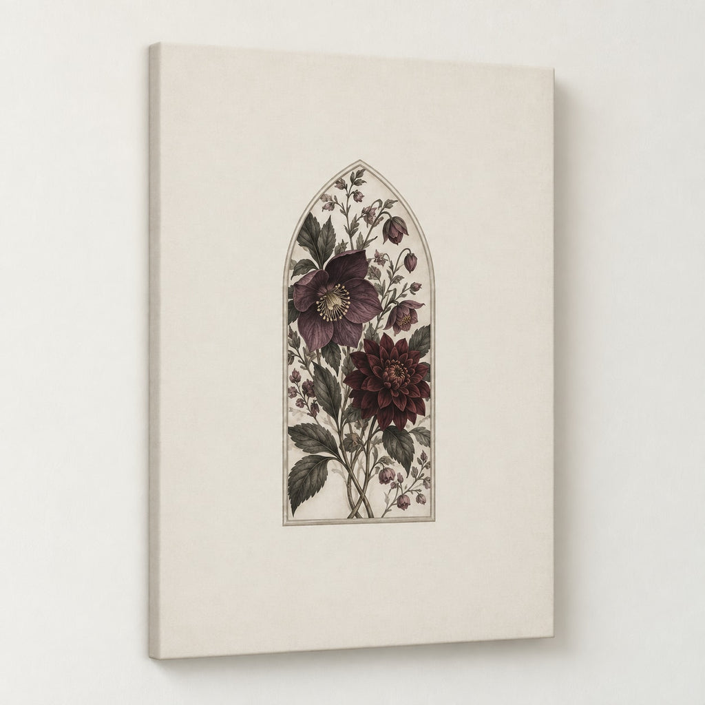 Gothic Botanical Wedding Stretched Canvas Wall Art with dimensional printed themed artwork; representative AI-generated mockup.