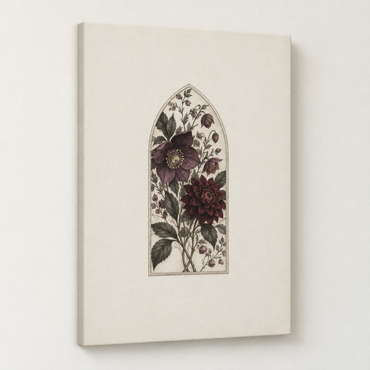 Gothic Botanical Wedding Stretched Canvas Wall Art with dimensional printed themed artwork; representative AI-generated mockup.