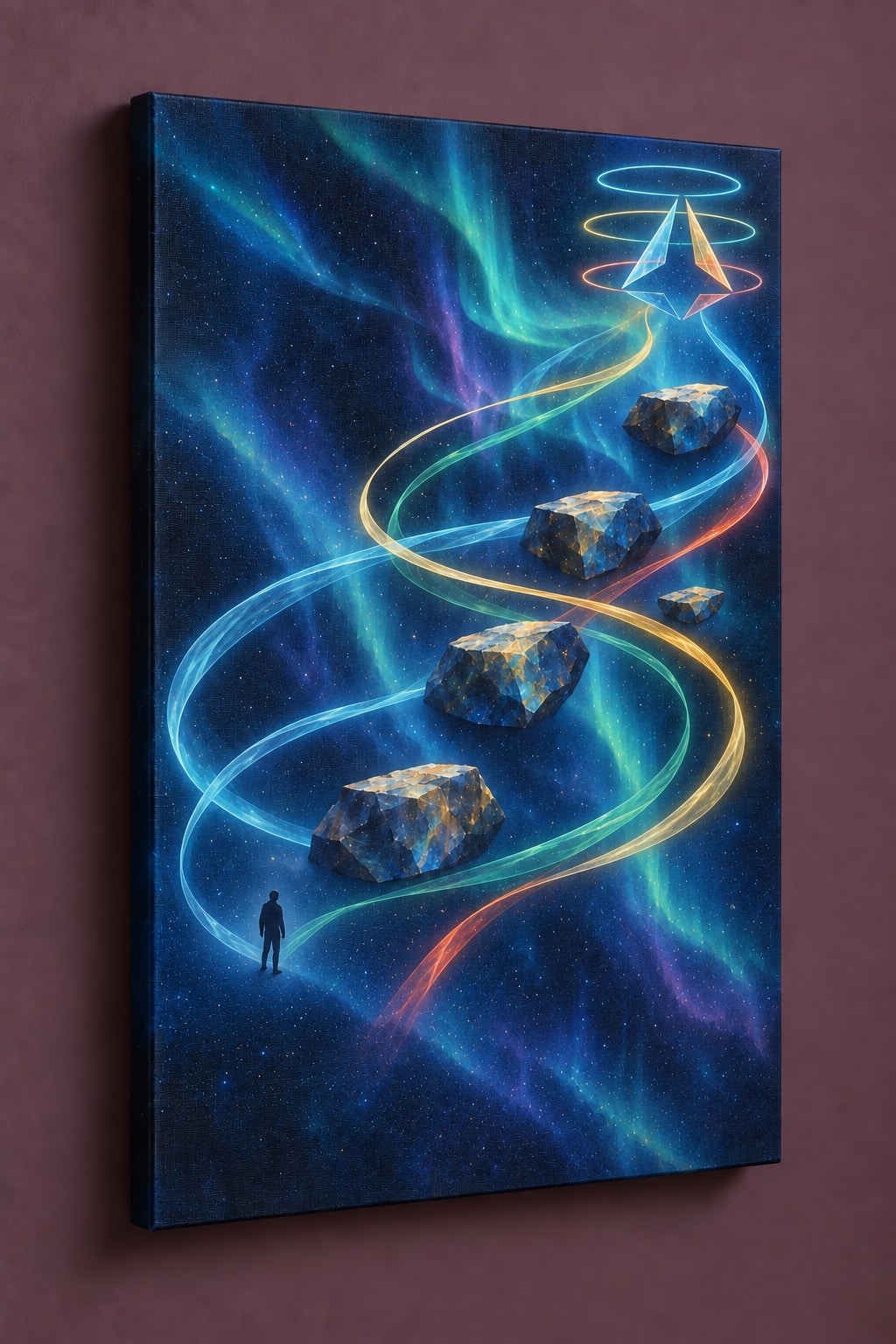 Aurora Cairn Ascension Stretched Canvas Wall Art with dimensional printed themed artwork; representative AI-generated mockup.