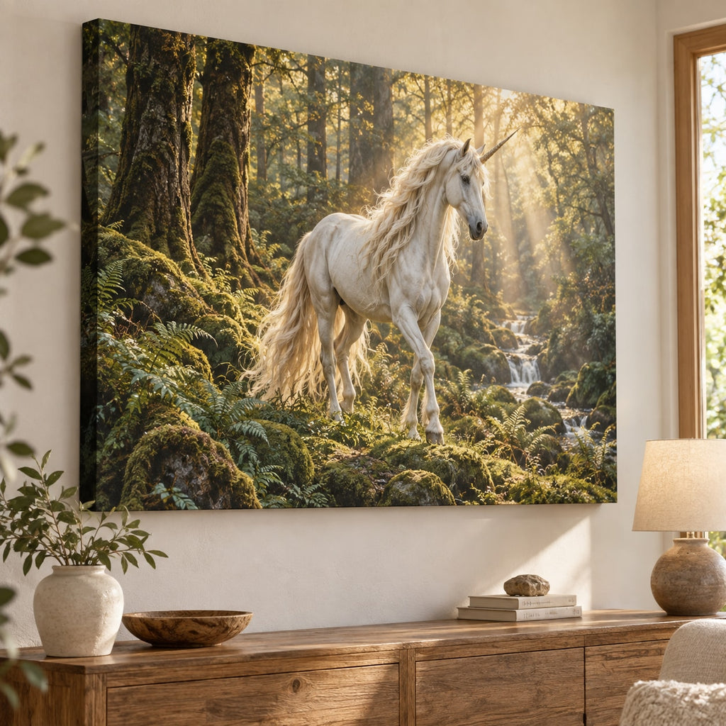 Unicorn Woodland Stretched Canvas Wall Art with dimensional printed themed artwork; representative AI-generated mockup.