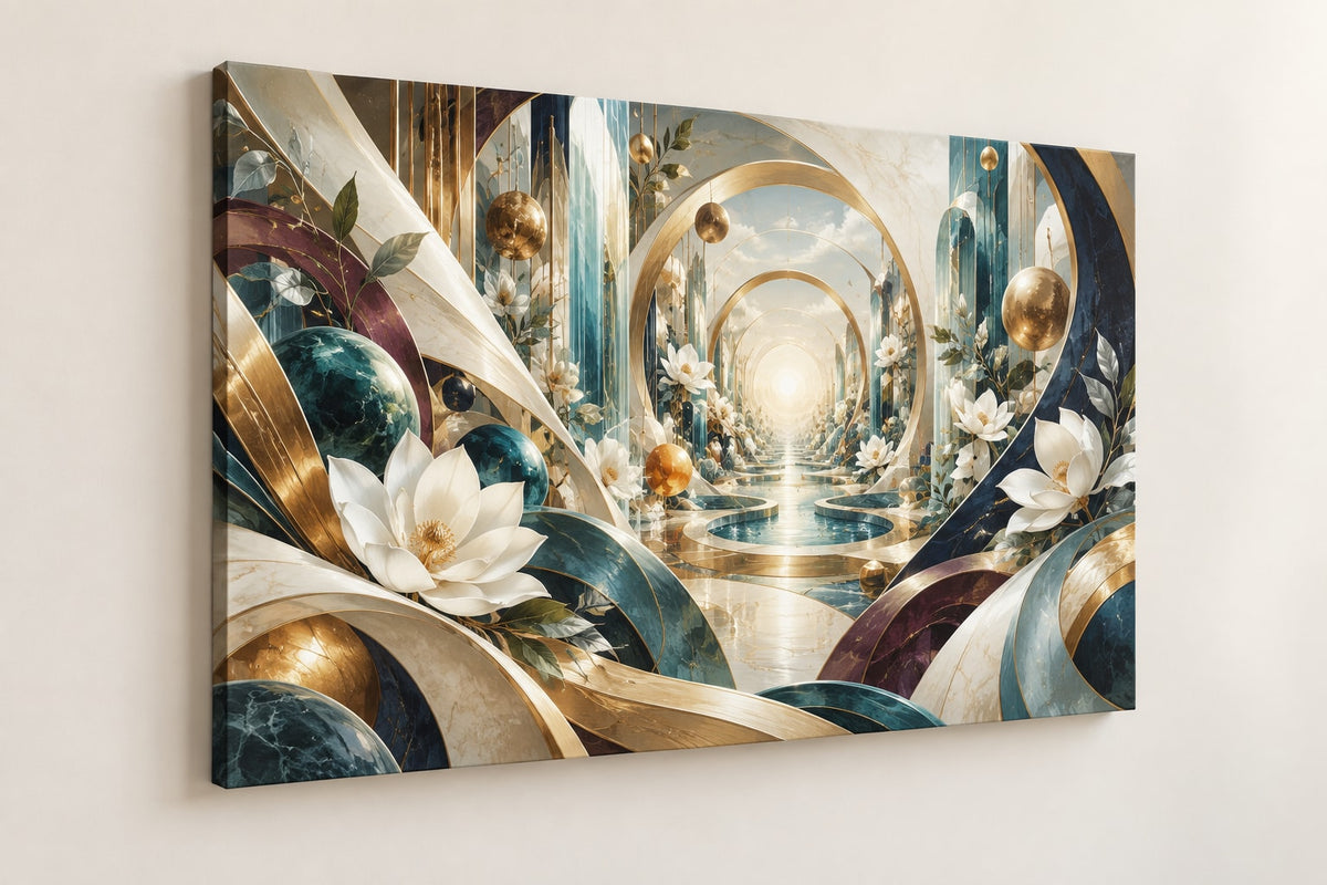 Equilibrium Ledger Atrium Stretched Canvas Wall Art with dimensional printed themed artwork; representative AI-generated mockup.