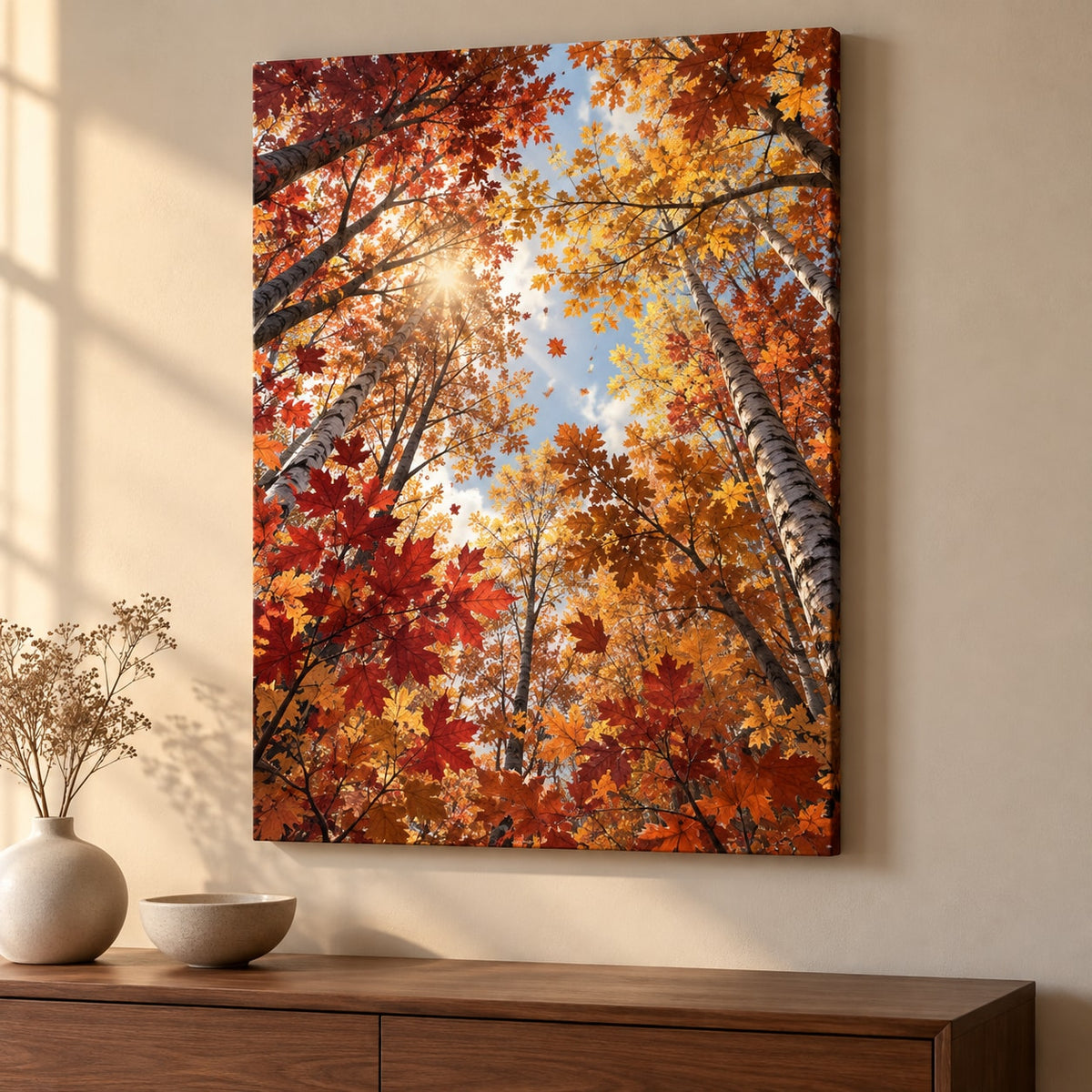 Autumn Forest Canopy Stretched Canvas Wall Art with dimensional printed themed artwork; representative AI-generated mockup.