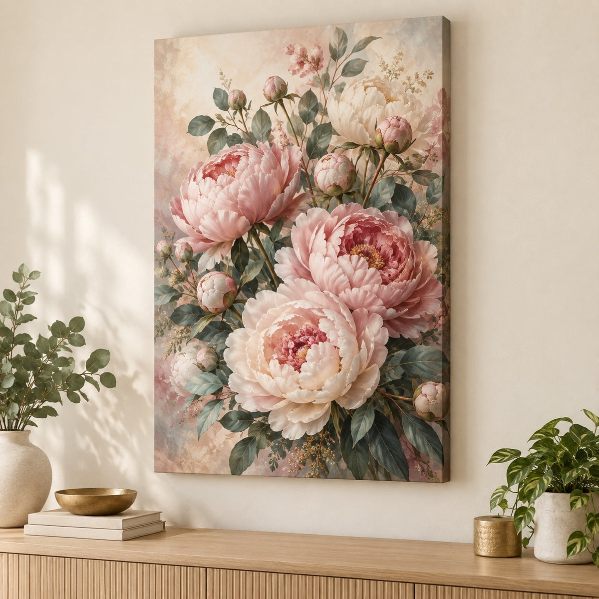 Peony Bouquet Stretched Canvas Wall Art with dimensional printed themed artwork; representative AI-generated mockup.