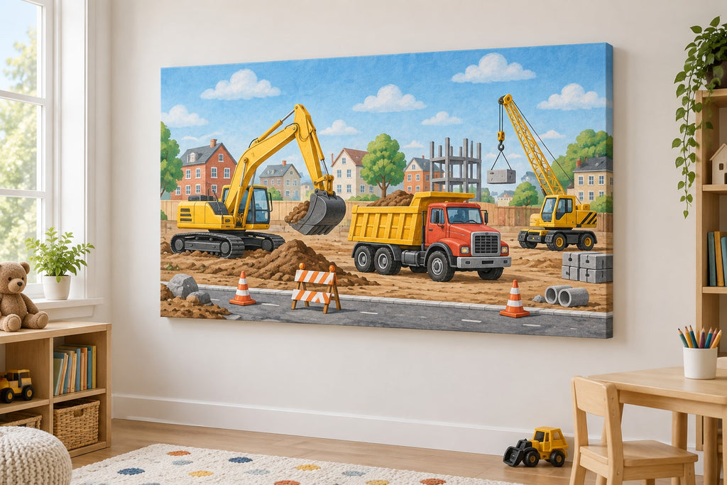 Construction Vehicle Town Stretched Canvas Wall Art with dimensional printed themed artwork; representative AI-generated mockup.