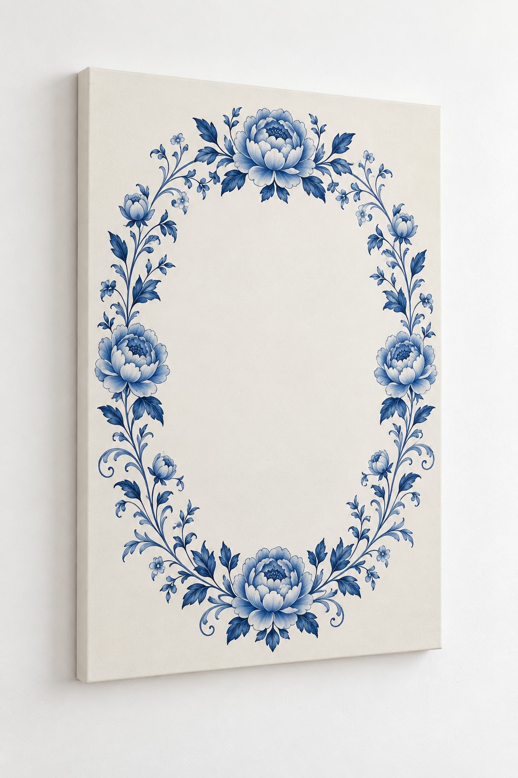 Blue Porcelain Wedding Wreath Stretched Canvas Wall Art with dimensional printed themed artwork; representative AI-generated mockup.