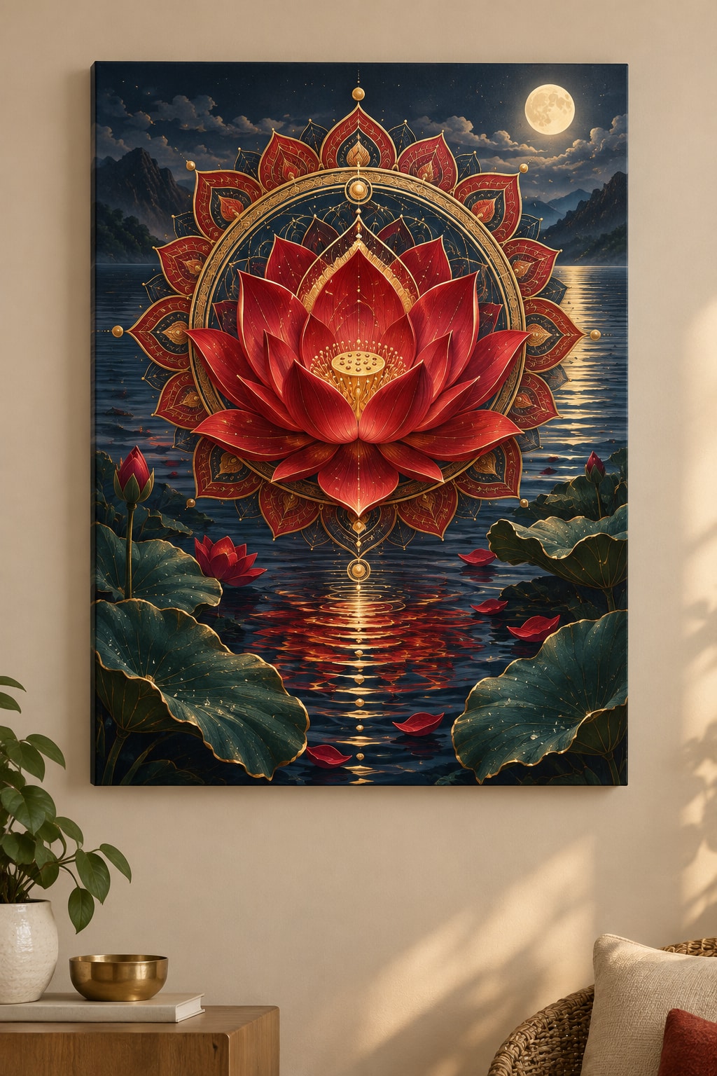 Red Lotus Mandala Stretched Canvas Wall Art with dimensional printed themed artwork; representative AI-generated mockup.
