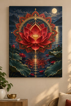 Red Lotus Mandala Stretched Canvas Wall Art with dimensional printed themed artwork; representative AI-generated mockup.
