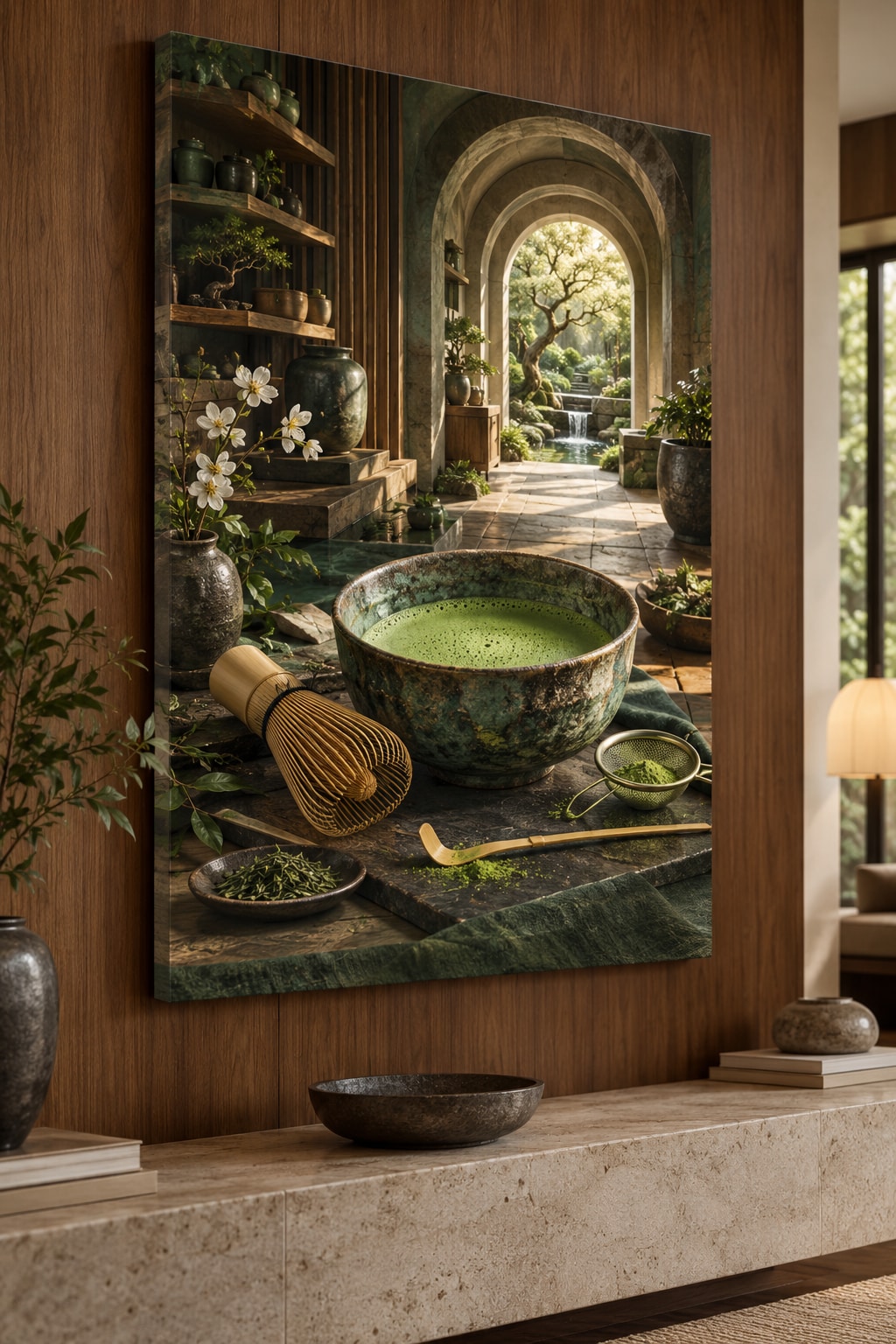 Matcha Ritual Stretched Canvas Wall Art with dimensional printed themed artwork; representative AI-generated mockup.