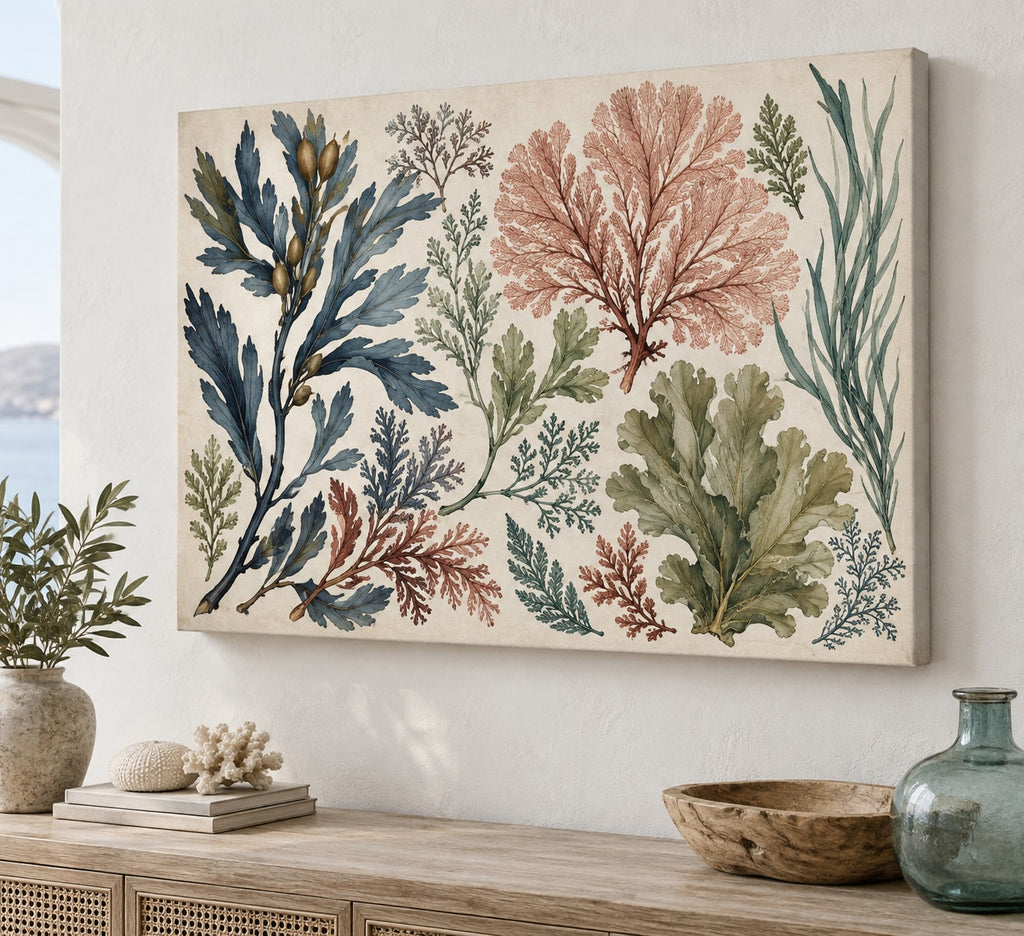 Seaweed Herbarium Stretched Canvas Wall Art with dimensional printed themed artwork; representative AI-generated mockup.