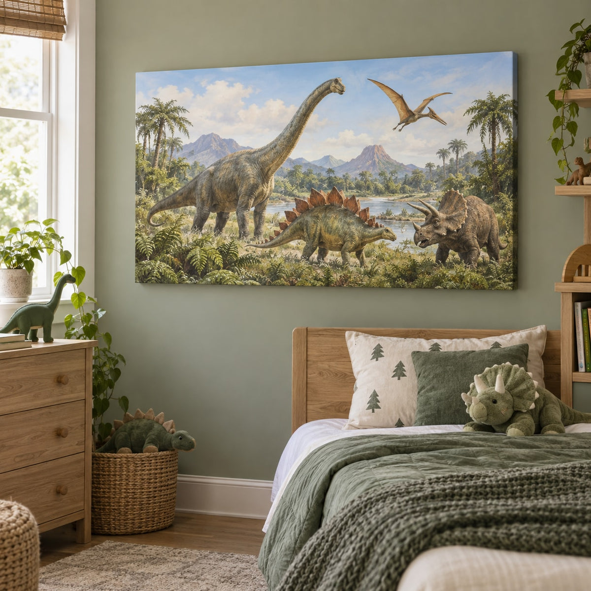 Dinosaur Discovery Stretched Canvas Wall Art with dimensional printed themed artwork; representative AI-generated mockup.