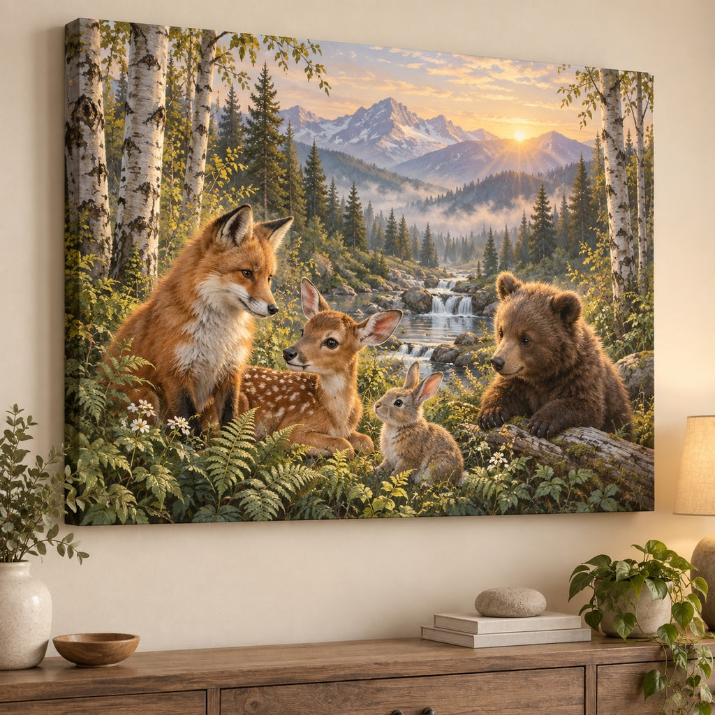 Woodland Animal Friends Stretched Canvas Wall Art with dimensional printed themed artwork; representative AI-generated mockup.