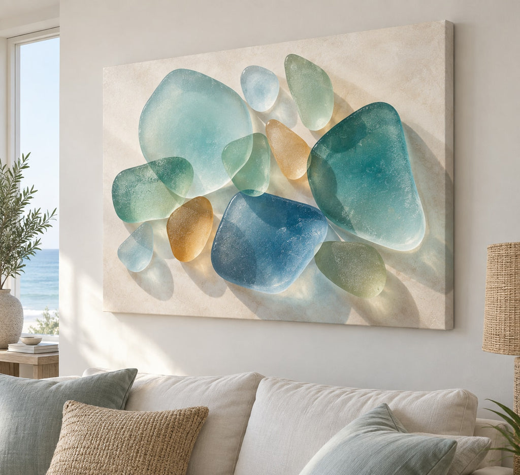 Sea Glass Shapes Stretched Canvas Wall Art with dimensional printed themed artwork; representative AI-generated mockup.