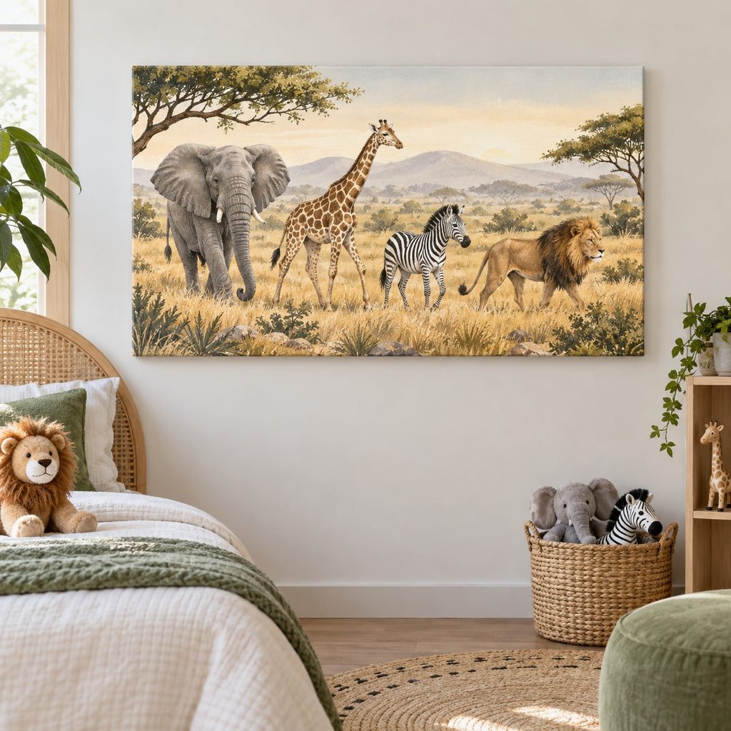 Safari Animal Parade Stretched Canvas Wall Art with dimensional printed themed artwork; representative AI-generated mockup.