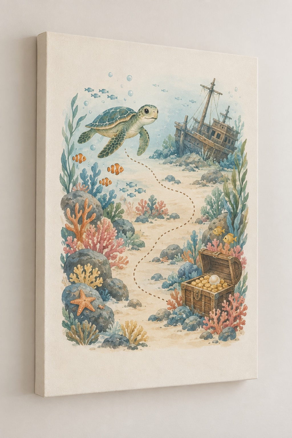 Underwater Treasure Map Stretched Canvas Wall Art with dimensional printed themed artwork; representative AI-generated mockup.