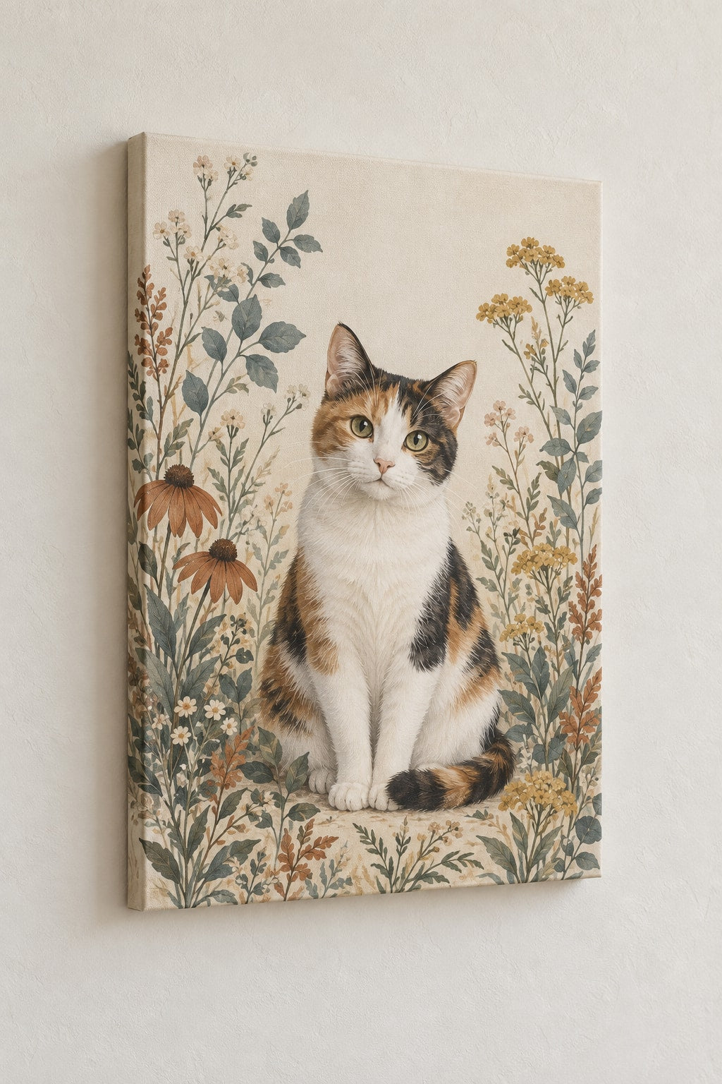 Calico Cat Companion Stretched Canvas Wall Art with dimensional printed themed artwork; representative AI-generated mockup.