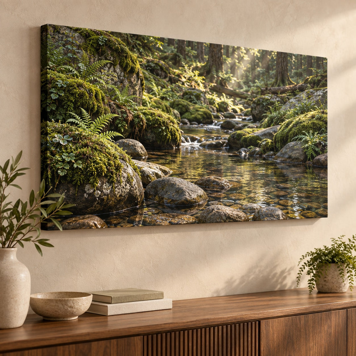 Moss and Stones Stretched Canvas Wall Art with dimensional printed themed artwork; representative AI-generated mockup.