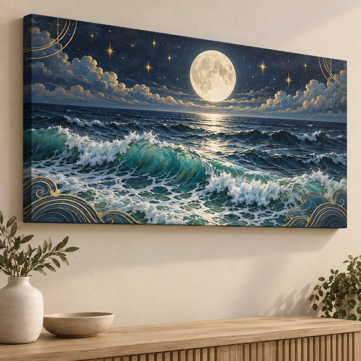 Celestial Ocean Tide Stretched Canvas Wall Art with dimensional printed themed artwork; representative AI-generated mockup.