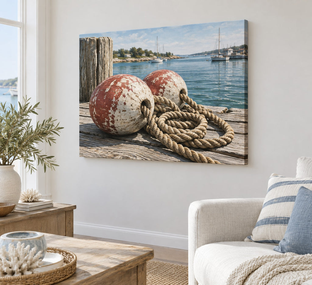 Buoy and Rope Stretched Canvas Wall Art with dimensional printed themed artwork; representative AI-generated mockup.