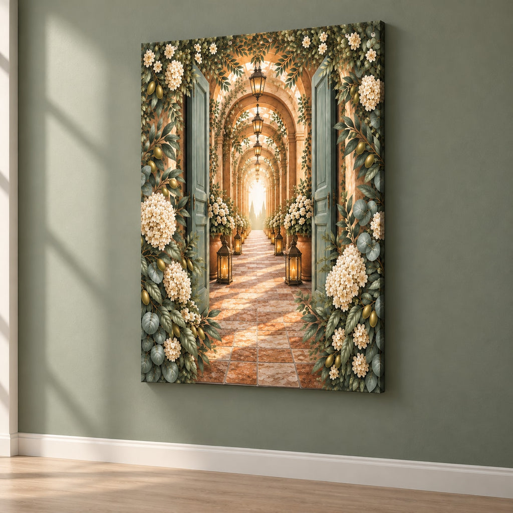Housewarming Lantern Portal Stretched Canvas Wall Art with dimensional printed themed artwork; representative AI-generated mockup.